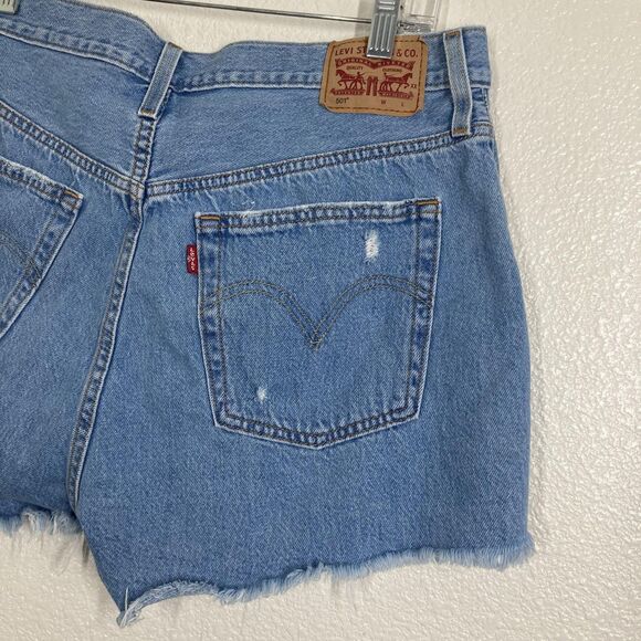 Levis 501 Shorts Womens 31 Blue Distressed Denim High Rise Cut Off Button Fly - Picture 13 of 15